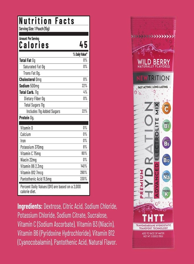 NewTrition Hydration Powder, Wild Berry Pack of 24 Electrolyte Powder Packets, Naturally Flavored Hydrating Packets for Water, Fast Acting Hydrate Electrolytes with Vitamins B & C, Energy & Recovery - Image 4